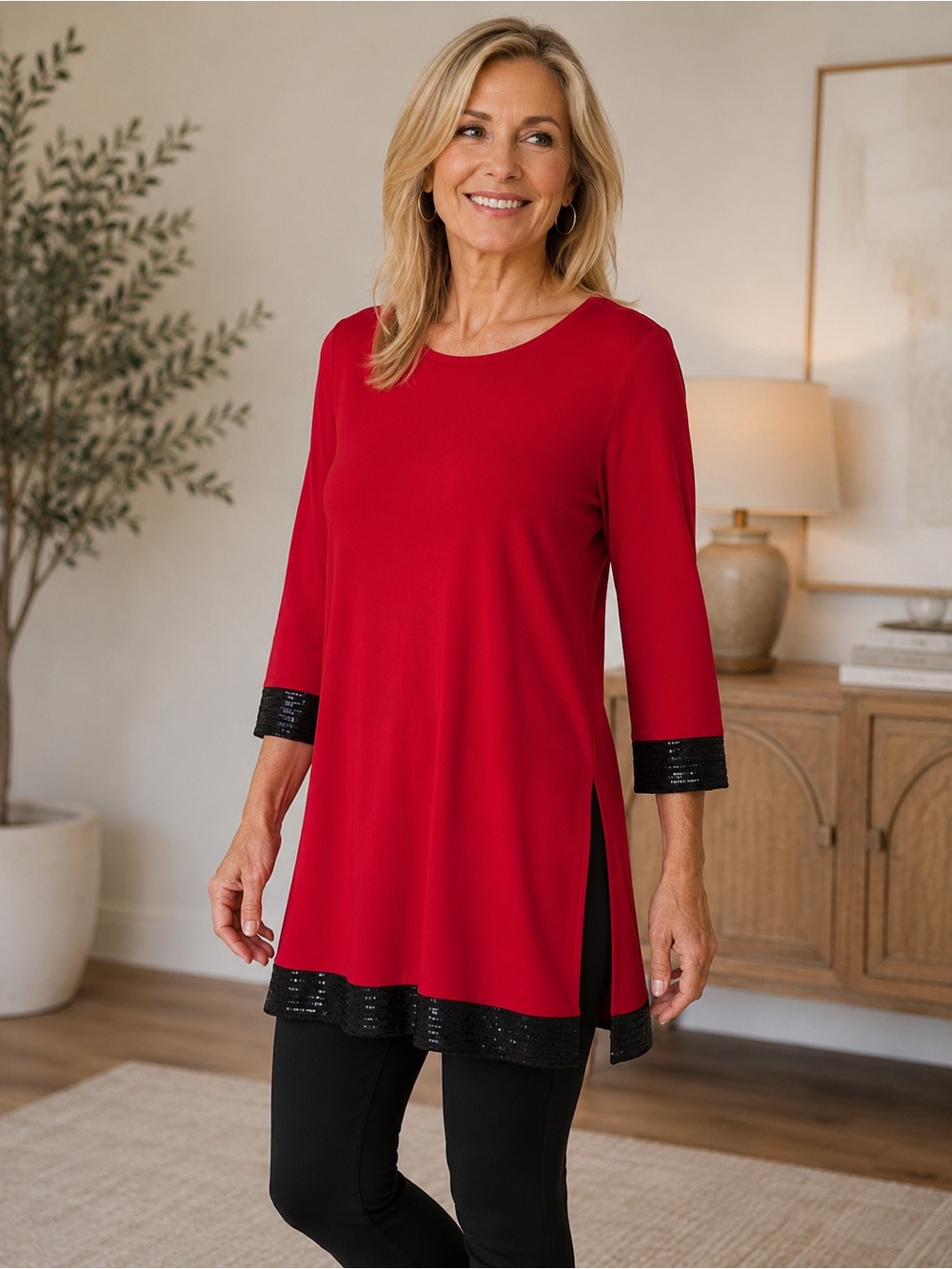NWT $168 IC Collection By Connie K Sequin Red Long Sleeve Tunic Top Sz 3X